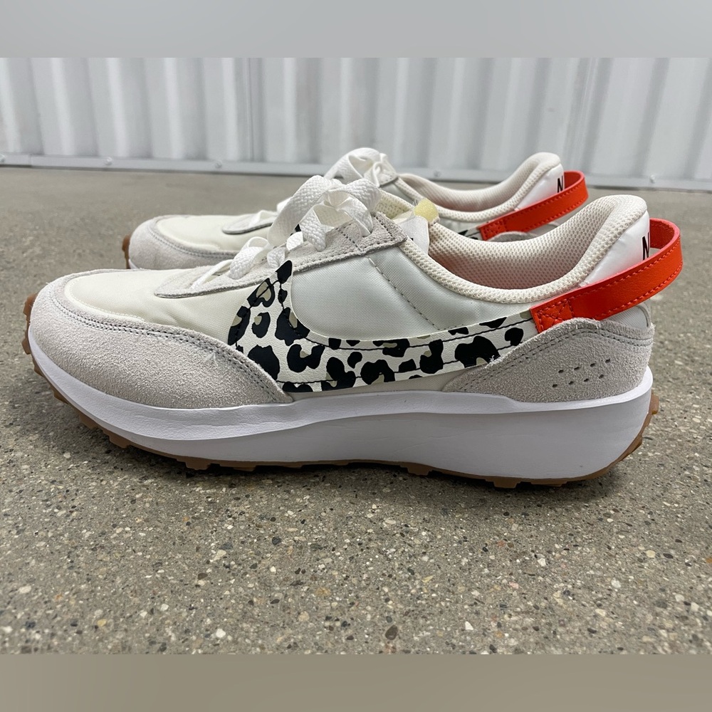 Nike Women's White Cream Leopard Print Athletic Sneakers with Orange Heel Tab